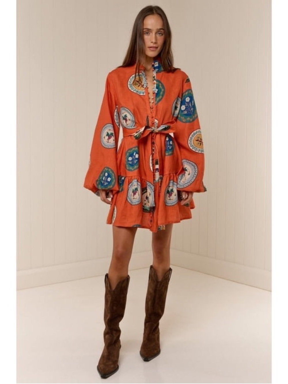 Sunday Up Boho Orange Tie Waist Button Up Front Orange Printed Mini Dress NWOT M